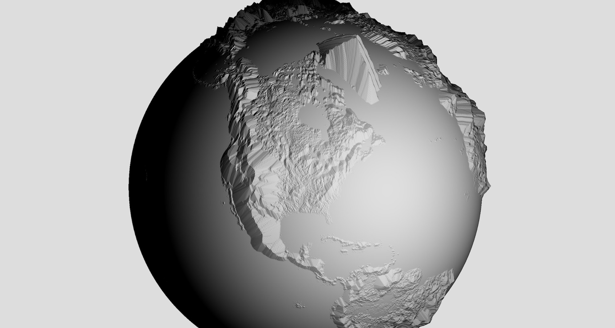 a 3D rendered monochrome globe with exaggerated terrain