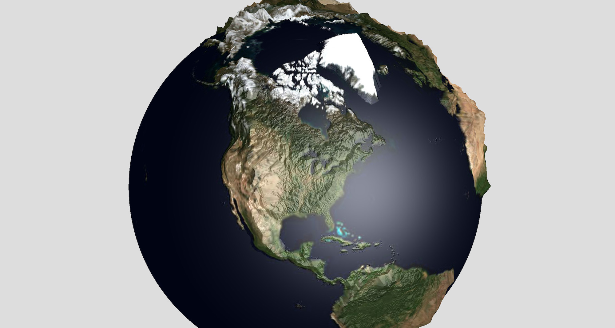 a 3D rendered colored globe with exaggerated terrain