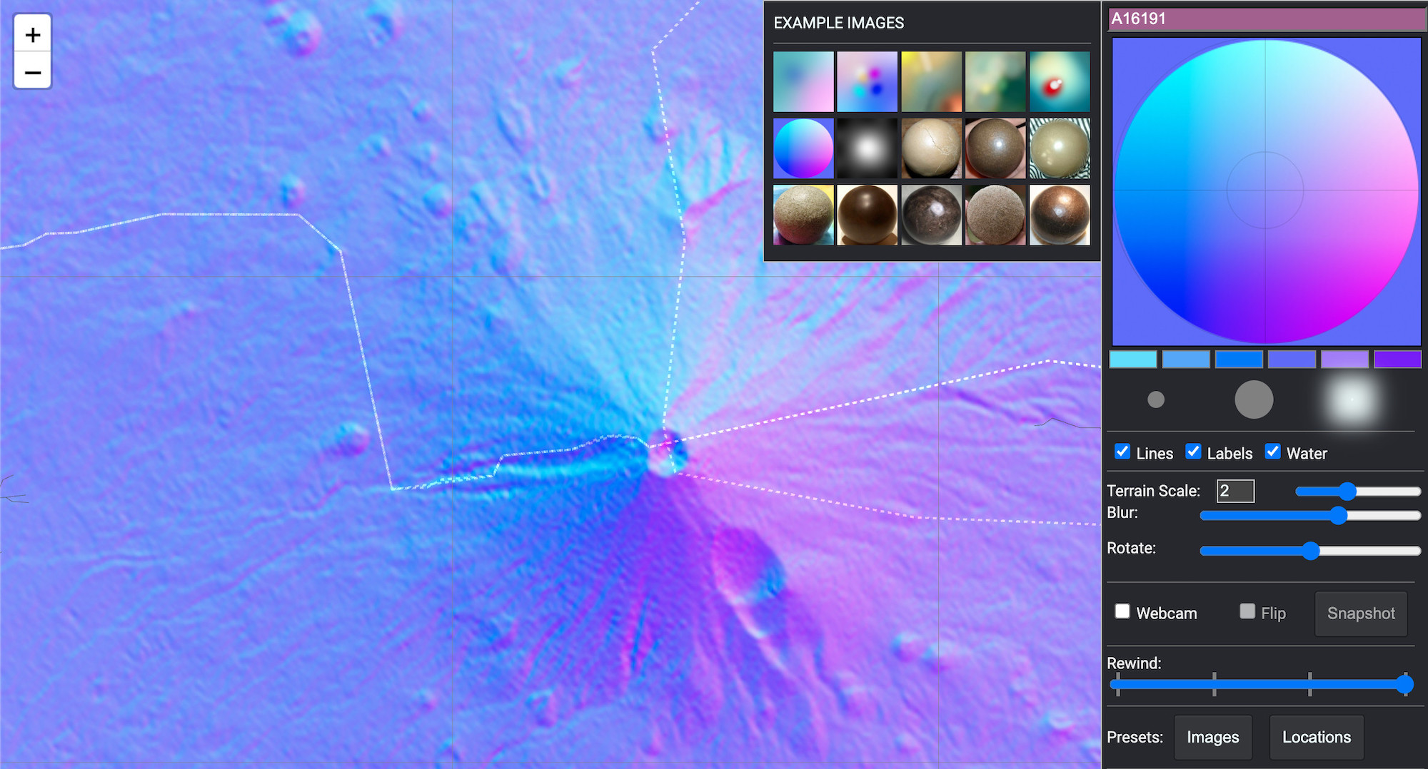 A terrain map of Mount Fuji in blues and pinks