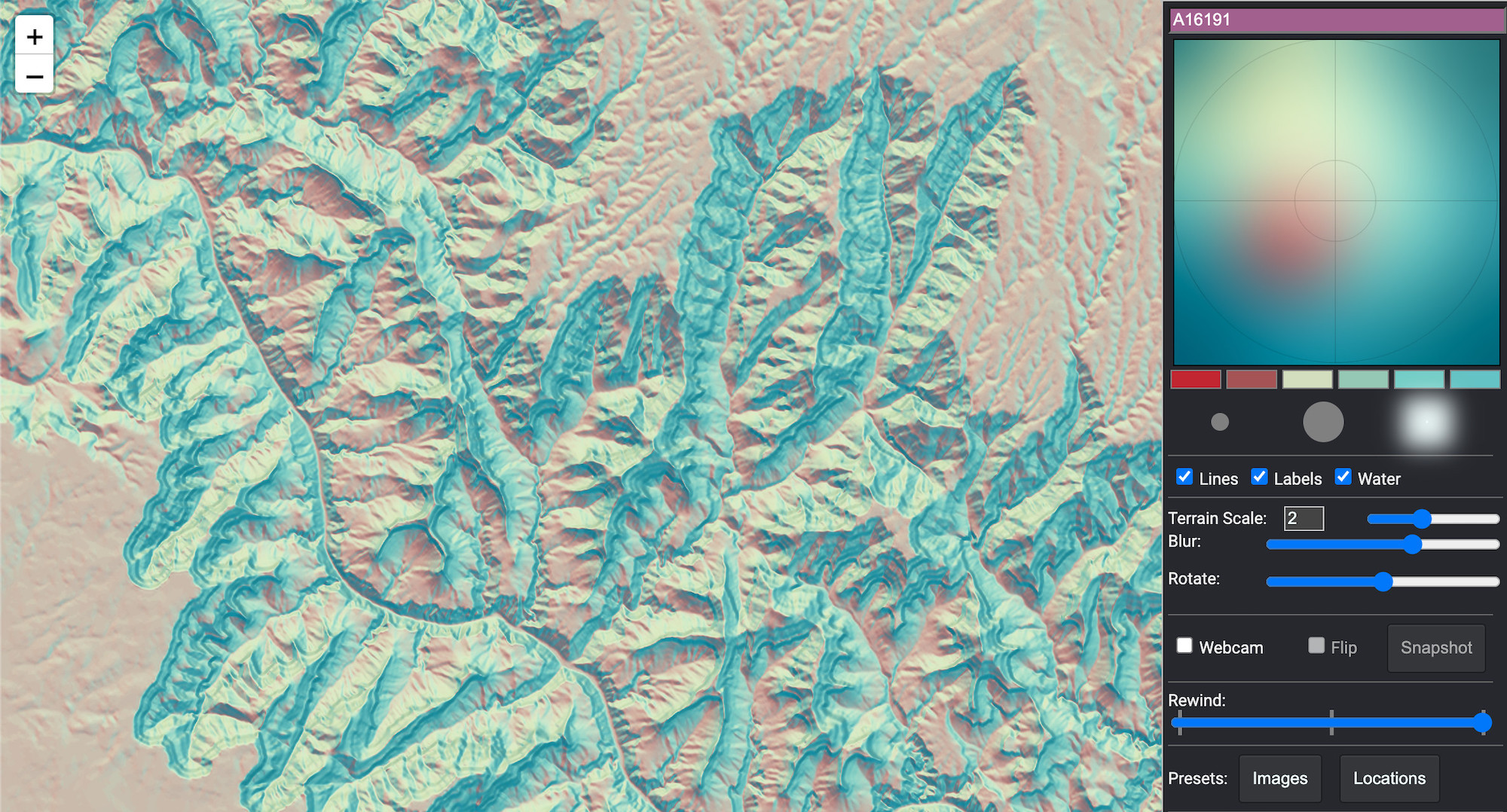 A terrain map of the Grand Canyon in teal and orange