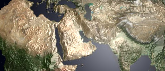 A rendered 3D terrain map from North Africa to the Himalayas