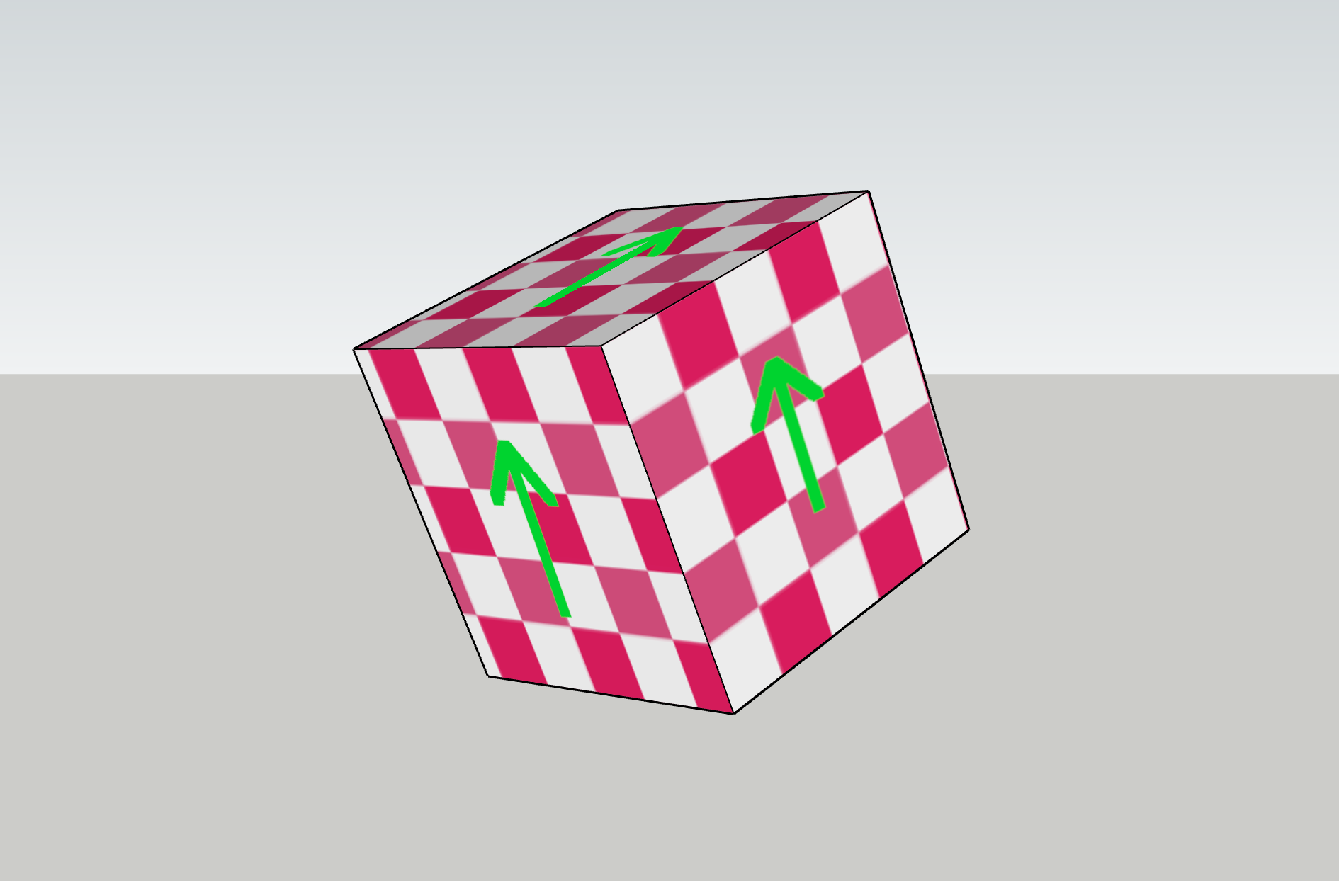 A diagram of a cube, with green arrows pointing up in tangent space, more or less